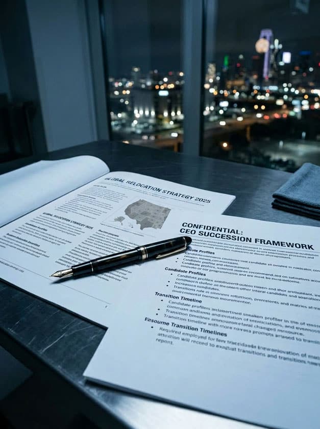 Vertrauliches CEO-Nachfolge-Framework und Relocation-Strategie-Dokument auf dunklem Schreibtisch mit Stadtlichtern im Hintergrund – symbolisiert die doppelte Herausforderung aus CEO-Nachfolge und Standortverlagerung nach Texas in einem europäischen Medizintechnikunternehmen