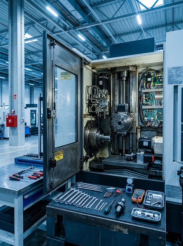 Geöffnetes CNC-Bearbeitungszentrum mit ausgelegtem Werkzeug – symbolisiert Instandhaltungsherausforderungen an einem nordamerikanischen Produktionsstandort in der Automobilzulieferindustrie