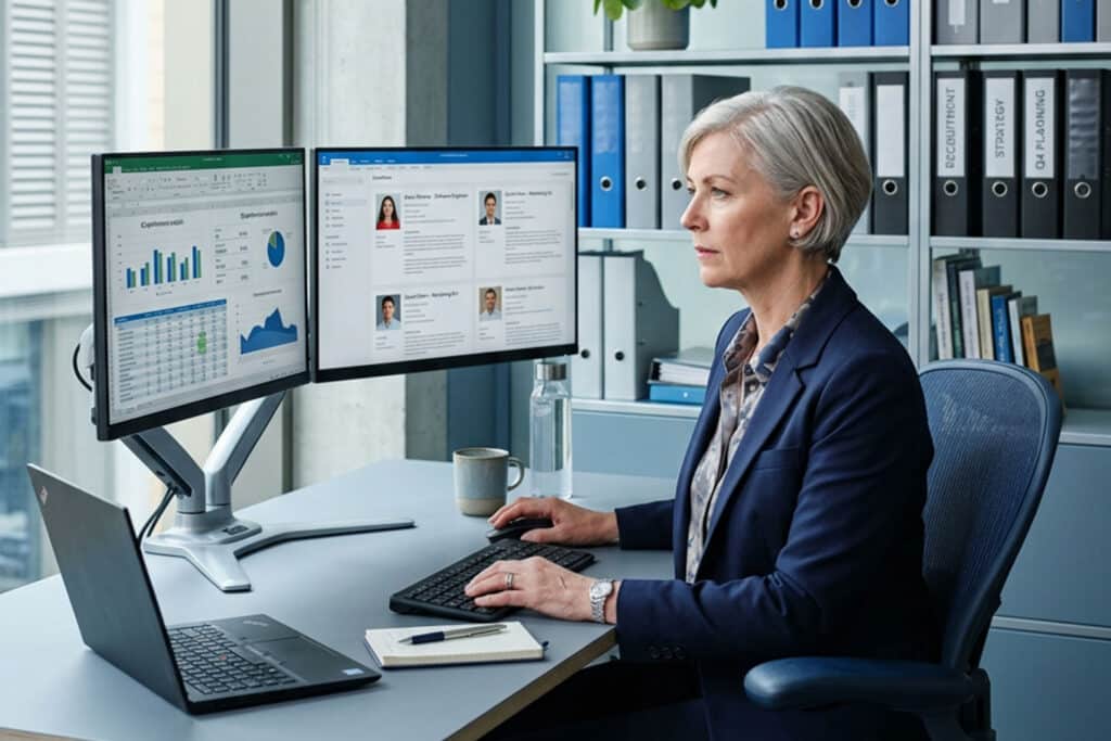 Erfahrene Führungskraft prüft Kandidatenprofile und Leistungsdaten am Arbeitsplatz — Executive-Search-Infrastruktur und Erfolgsbilanz