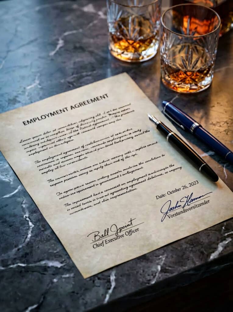 Unterzeichneter Arbeitsvertrag mit CEO- und Vorstandsunterschrift auf dunkler Marmoroberfläche, zwei Kristallgläser im Hintergrund – steht für den erfolgreichen Abschluss des Führungswechsels in der nordamerikanischen Tochtergesellschaft