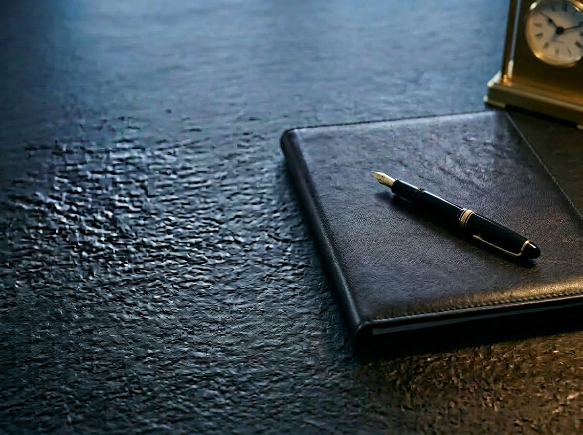 Geschlossenes Leder-Portfolio mit Füllfederhalter auf dunkler Schieferoberfläche – symbolisiert den erfolgreichen Abschluss eines Executive-Search-Mandats