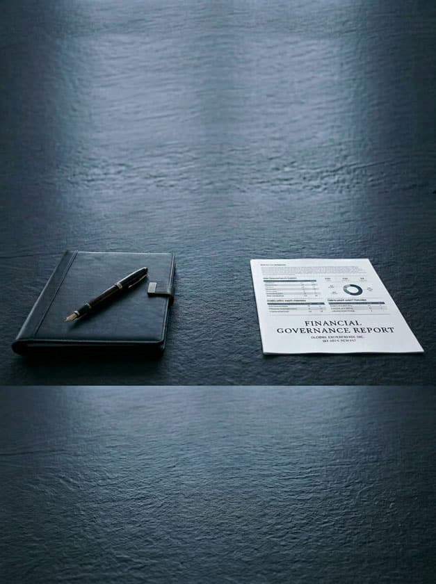 Financial Governance Report neben geschlossenem Lederportfolio und Füllfederhalter auf dunkler Holzoberfläche – symbolisiert die erfolgreiche Etablierung einer einheitlichen Finanz-Governance nach der CFO-Besetzung in einer nordamerikanischen Automobilorganisation