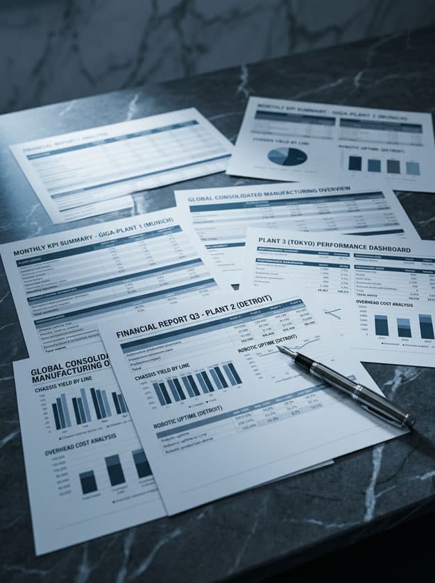 Mehrere unstrukturierte Finanzberichte und KPI-Zusammenfassungen verschiedener Produktionsstandorte auf dunkler Marmoroberfläche – symbolisiert fragmentierte Finanz-Governance als Ausgangssituation einer CFO-Besetzung in einer nordamerikanischen Multi-Plant-Automobilorganisation