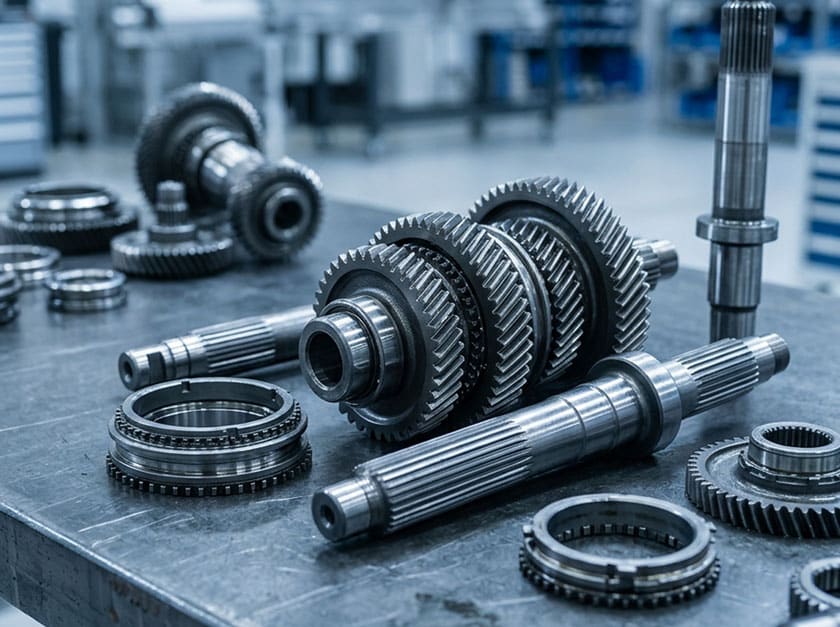 Präzisions-Getriebebauteile und Antriebswellen auf Werkbank in hochautomatisierter Fertigung – steht für die operative Ausgangssituation bei der Werkleiter-Besetzung eines nordamerikanischen Automobilzulieferers