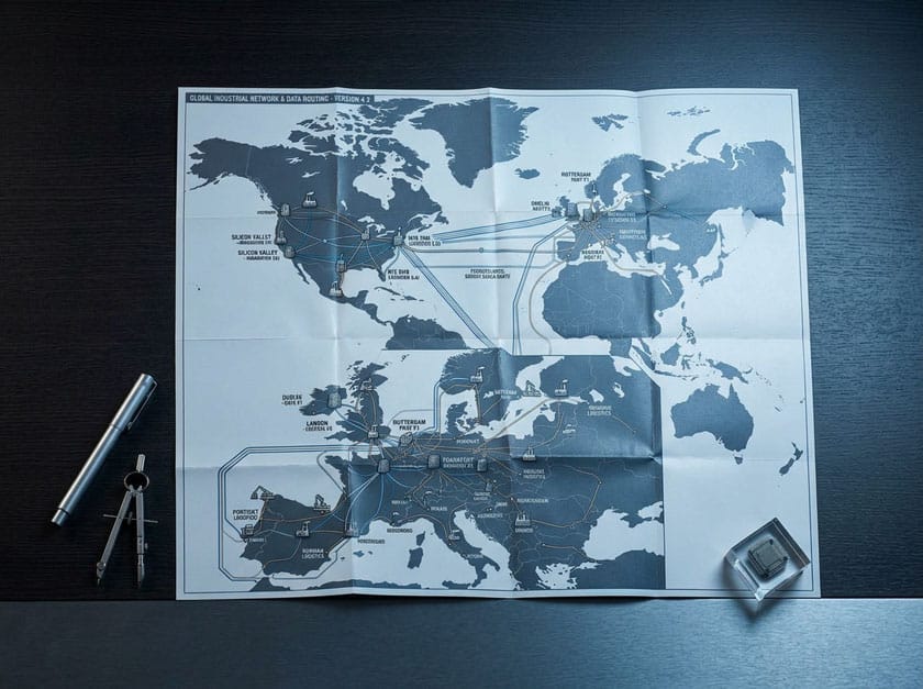 Weltkarte mit transatlantischen Verbindungslinien auf dunkler Oberfläche – symbolisiert die internationale Führungsverantwortung europäischer Industrieunternehmen an nordamerikanischen Produktionsstandorten