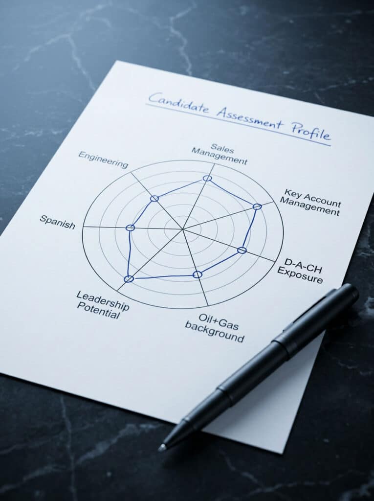 Kandidatenbewertungsprofil mit Radardiagramm für eine Head-of-Sales-Besetzung in Nordamerika – strukturierte Bewertung von Vertriebskompetenz, Öl- und Gaserfahrung sowie transatlantischer Führungskompetenz