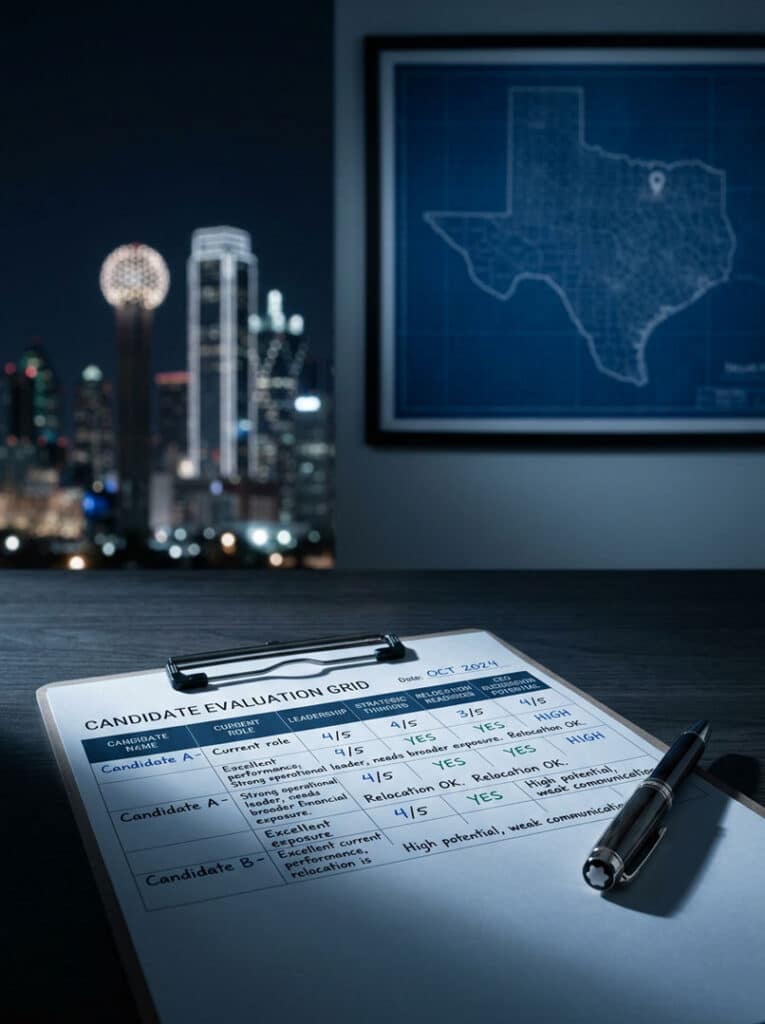 Kandidatenbewertungsraster mit Relocation-Bereitschaft und CEO-Nachfolgepotenzial auf dunklem Schreibtisch vor der Skyline von Dallas und einer Texas-Karte