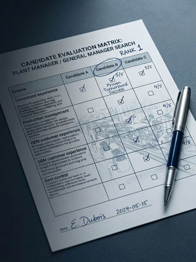 Kandidatenbewertungsmatrix für die Besetzung einer Werkleiter- / General-Manager-Position – strukturierter Auswahlprozess im Executive Search für einen nordamerikanischen Automobilzulieferer