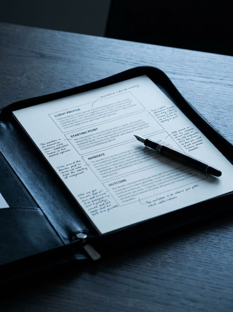 Strukturiertes Mandatsdokument mit den Abschnitten Client Profile, Starting Point, Mandate und Outcome im offenen Leder-Portfolio mit handschriftlichen Anmerkungen und Füllfederhalter – steht für den strukturierten Executive-Search-Prozess von TH Bender