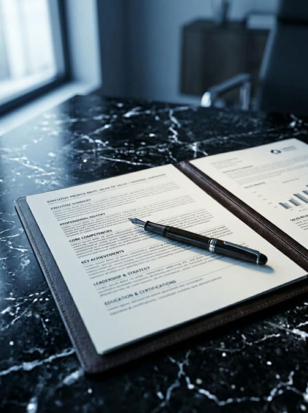Executive Profile Brief für eine Head-of-Sales-Besetzung in Nordamerika – strukturierte Mandatsdefinition mit Führungsprofil, Kernkompetenzen und Vertriebsstrategie auf dunkler Marmoroberfläche