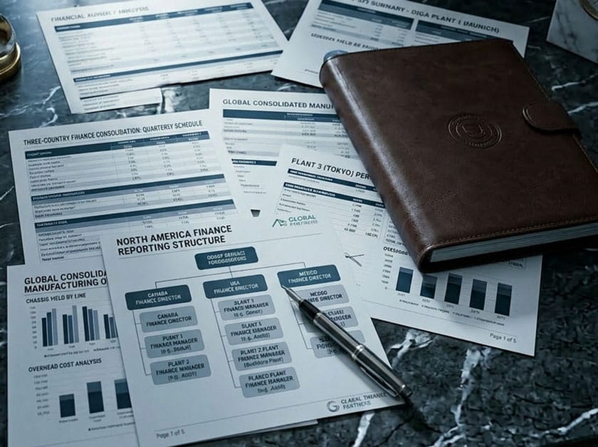 Nordamerikanische Finanz-Reporting-Struktur mit Organigramm für drei Länder und Werkscontroller-Ebene sowie Lederportfolio auf dunkler Marmoroberfläche – symbolisiert die strukturelle Komplexität einer CFO-Besetzung in einer transatlantischen Multi-Plant-Automobilorganisation