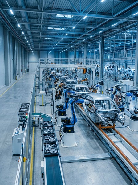 Aktive automatisierte Produktionslinie mit Roboterarmen in einem Automobilwerk – symbolisiert die operative Stabilisierung eines nordamerikanischen Produktionsstandorts nach erfolgreicher Werkleiter-Besetzung