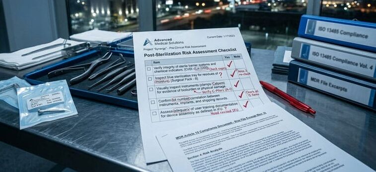 Regulatorische Risikobewertungs-Checkliste und MDR-Compliance-Dokument mit roten Annotationen auf klinischer Oberfläche vor der Skyline von Dallas – symbolisiert die regulatorischen Risikodimensionen bei einer CEO-Nachfolge in einem Medizintechnikunternehmen in Texas