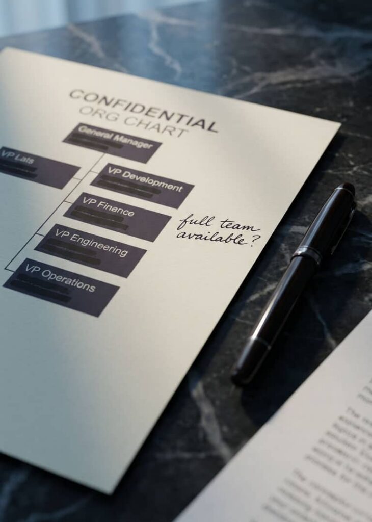 Vertrauliches Organigramm mit General Manager, VP Development, VP Finance, VP Engineering und VP Operations auf dunkler Marmoroberfläche mit handschriftlicher Anmerkung „full team available?" – steht für die strategische Gelegenheit im Executive-Search-Prozess